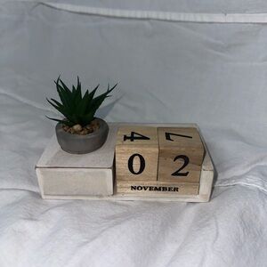 Wooden Perpetual Calendar with Faux Plant